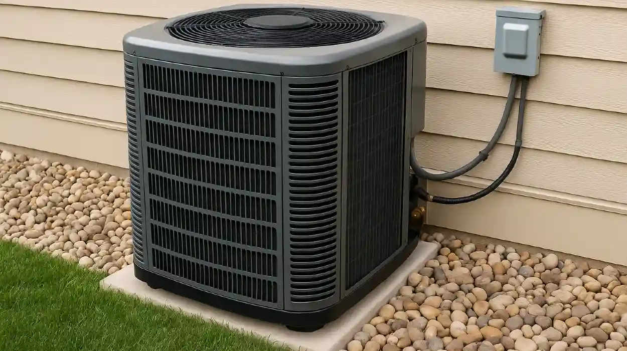 a brand new AC unit outside on a concrete slab from Leander Air Conditioning Repair in Leander, TX - 24 hour AC Repair Near Me a brand new AC unit outside on a concrete slab from Leander Air Conditioning Repair in Leander, TX - 24 hour AC Repair Near Me