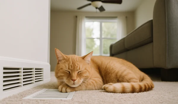 an orange cat laying on the carpet next to an AC vent from Leander Air Conditioning Repair in Leander, TX - 24 hour AC Service an orange cat laying on the carpet next to an AC vent from Leander Air Conditioning Repair in Leander, TX - 24 hour AC Service