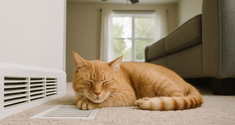 an orange cat laying on the carpet next to an AC vent from Leander Air Conditioning Repair in Leander, TX - 24 hour AC Service an orange cat laying on the carpet next to an AC vent from Leander Air Conditioning Repair in Leander, TX - 24 hour AC Service