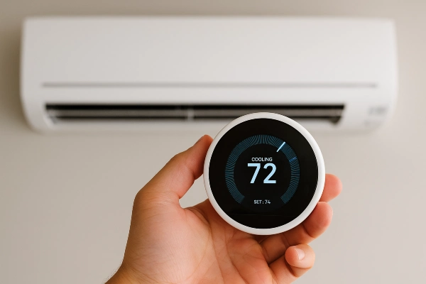 a hand holding a thermostat showing 72 degree cooling from Leander Air Conditioning Repair in Leander, TX - 24 hour AC Service a hand holding a thermostat showing 72 degree cooling from Leander Air Conditioning Repair in Leander, TX - 24 hour AC Service