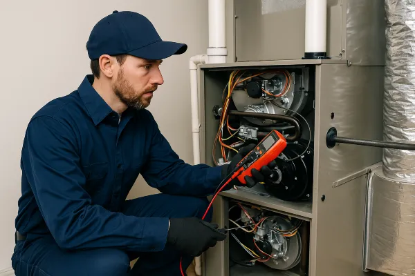 a male hvac technician using a current meter on a furnace unit from Leander Air Conditioning Repair in Leander, TX - 24 hour AC Service a male hvac technician using a current meter on a furnace unit from Leander Air Conditioning Repair in Leander, TX - 24 hour AC Service
