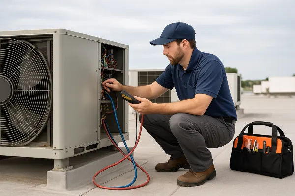 a male hvac technician on the roof checking an AC unit from Leander Air Conditioning Repair in Leander, TX - 24 hour AC Service a male hvac technician on the roof checking an AC unit from Leander Air Conditioning Repair in Leander, TX - 24 hour AC Service