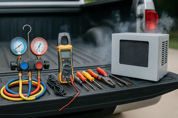 AC tools on the tailgate of a truck from Leander Air Conditioning Repair in Leander, TX - AC Company Near Me AC tools on the tailgate of a truck from Leander Air Conditioning Repair in Leander, TX - AC Company Near Me