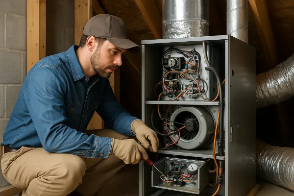 an hvac technician with a screwdriver checking the wiring of a furnace from Leander Air Conditioning Repair in Leander, TX - AC Company Near Me an hvac technician with a screwdriver checking the wiring of a furnace from Leander Air Conditioning Repair in Leander, TX - AC Company Near Me