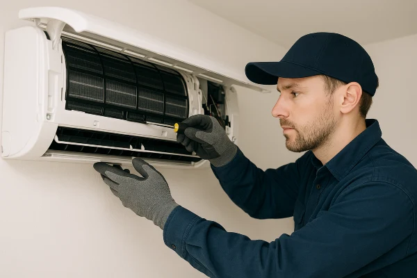 an hvac technician fixing a mini split AC unit from Leander Air Conditioning Repair in Leander, TX - AC Company Near Me an hvac technician fixing a mini split AC unit from Leander Air Conditioning Repair in Leander, TX - AC Company Near Me