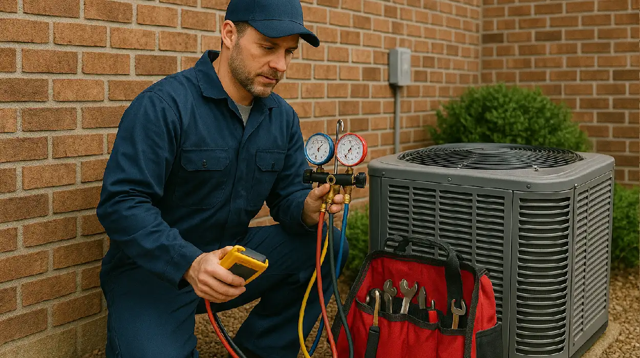 an hvac technician with his tools checking an outside ac unite from Leander Air Conditioning Repair in Leander, TX - AC Technician Near Me an hvac technician with his tools checking an outside ac unite from Leander Air Conditioning Repair in Leander, TX - AC Technician Near Me