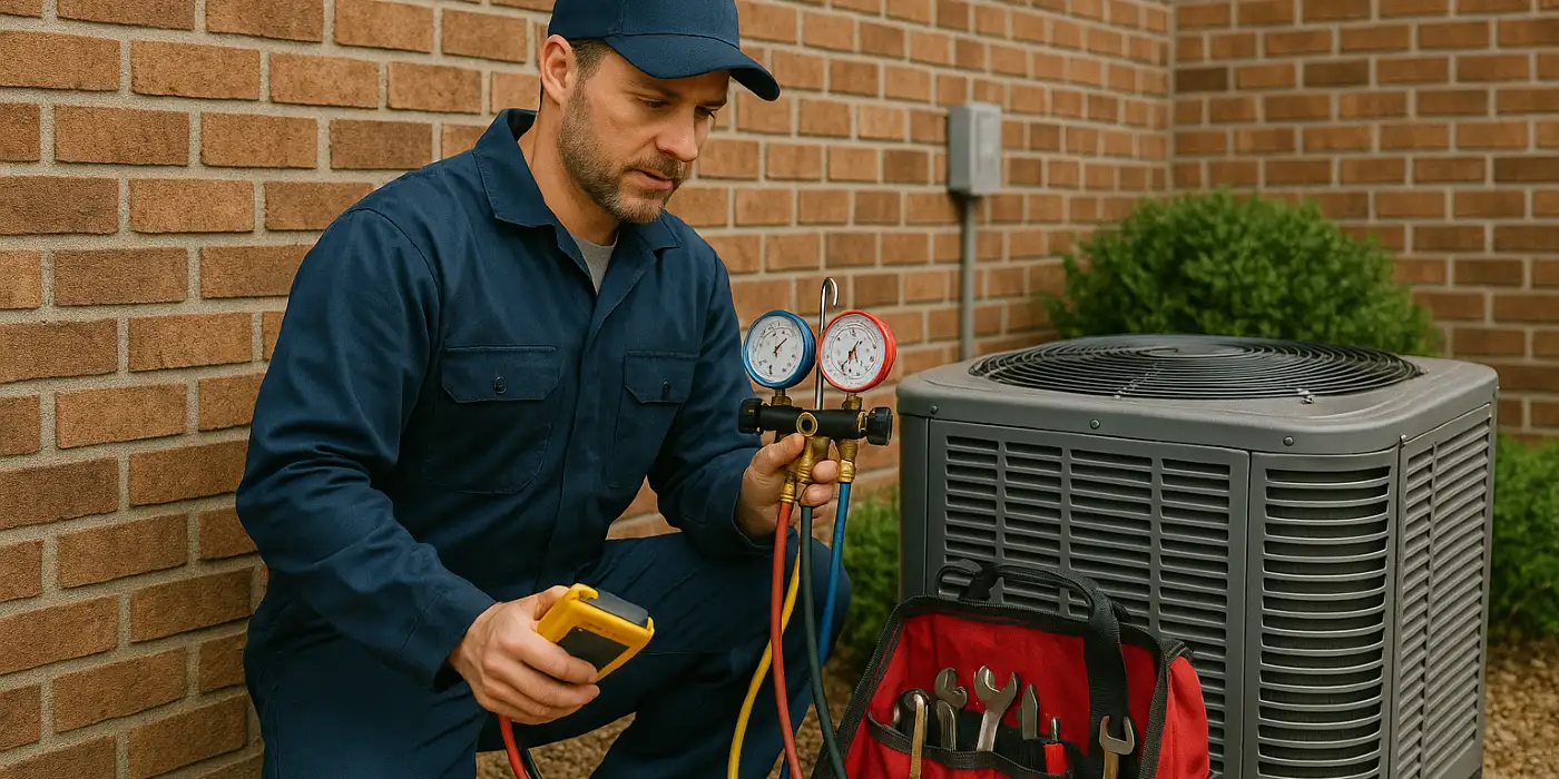 an hvac technician with his tools checking an outside ac unite from Leander Air Conditioning Repair in Leander, TX - AC Technician Near Me an hvac technician with his tools checking an outside ac unite from Leander Air Conditioning Repair in Leander, TX - AC Technician Near Me