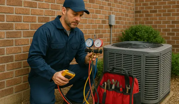 an hvac technician with his tools checking an outside ac unite from Leander Air Conditioning Repair in Leander, TX - AC Technician Near Me an hvac technician with his tools checking an outside ac unite from Leander Air Conditioning Repair in Leander, TX - AC Technician Near Me
