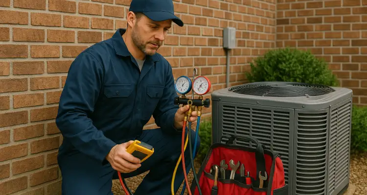 an hvac technician with his tools checking an outside ac unite from Leander Air Conditioning Repair in Leander, TX - AC Technician Near Me an hvac technician with his tools checking an outside ac unite from Leander Air Conditioning Repair in Leander, TX - AC Technician Near Me