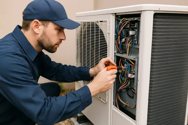an hvac technician using a scredriver to check the wires of an ac unite from Leander Air Conditioning Repair in Leander, TX - AC Technician Near Me an hvac technician using a scredriver to check the wires of an ac unite from Leander Air Conditioning Repair in Leander, TX - AC Technician Near Me