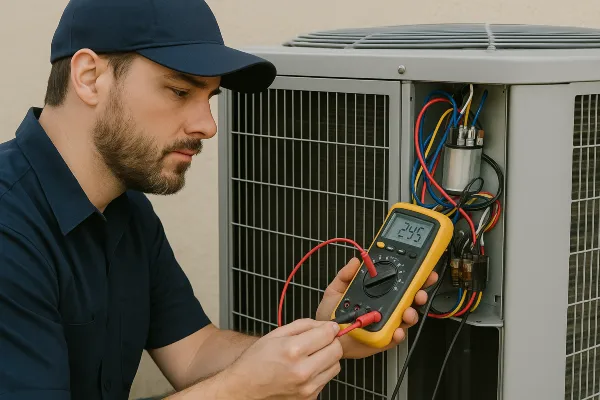 an hvac technician using a ac current meter from Leander Air Conditioning Repair in Leander, TX - AC Technician Near Me an hvac technician using a ac current meter from Leander Air Conditioning Repair in Leander, TX - AC Technician Near Me