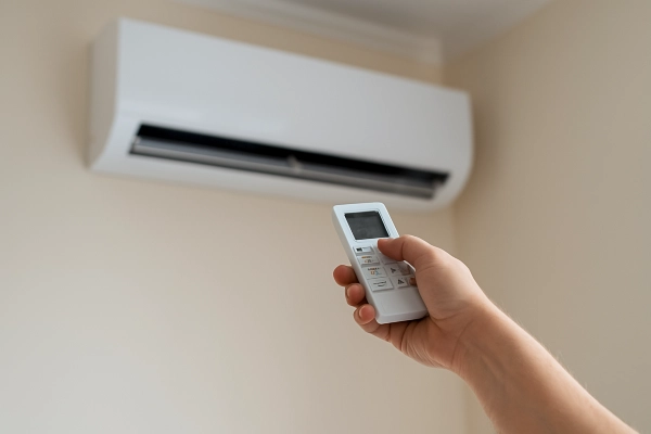 the hand of a person using an AC control remote to adjust the temperature from Leander Air Conditioning Repair in Leander, TX - AC Technician Near Me the hand of a person using an AC control remote to adjust the temperature from Leander Air Conditioning Repair in Leander, TX - AC Technician Near Me