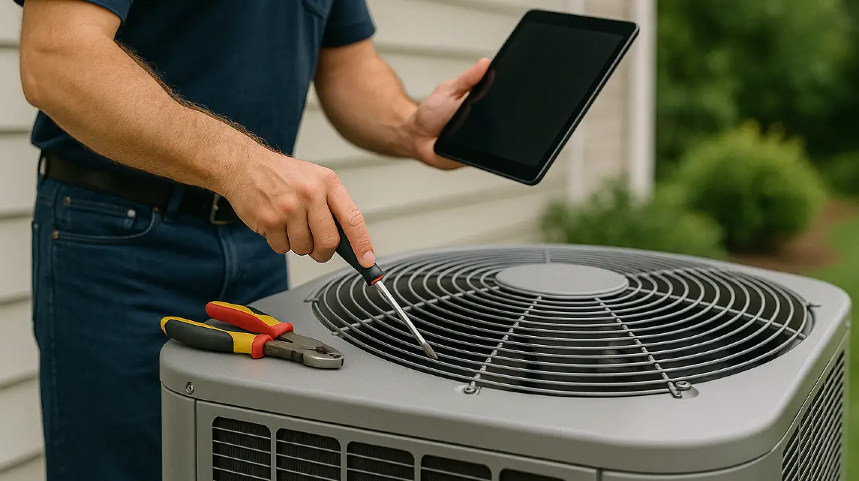 2 hvac technicians replacing a filter of an outside ac unit from Leander Air Conditioning Repair in Cedar Park, TX - cedar-park-tx 2 hvac technicians replacing a filter of an outside ac unit from Leander Air Conditioning Repair in Cedar Park, TX - cedar-park-tx
