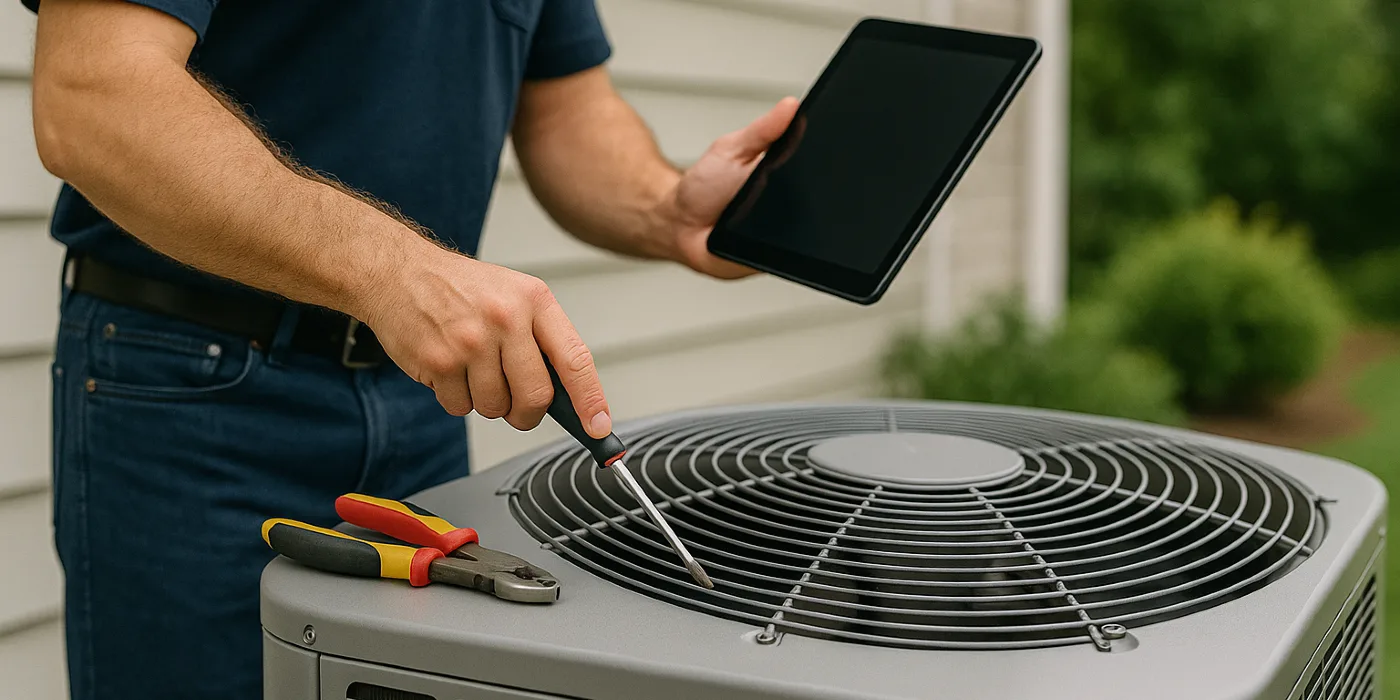 2 hvac technicians replacing a filter of an outside ac unit from Leander Air Conditioning Repair in Cedar Park, TX - cedar-park-tx 2 hvac technicians replacing a filter of an outside ac unit from Leander Air Conditioning Repair in Cedar Park, TX - cedar-park-tx