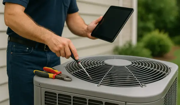 2 hvac technicians replacing a filter of an outside ac unit from Leander Air Conditioning Repair in Cedar Park, TX - cedar-park-tx 2 hvac technicians replacing a filter of an outside ac unit from Leander Air Conditioning Repair in Cedar Park, TX - cedar-park-tx