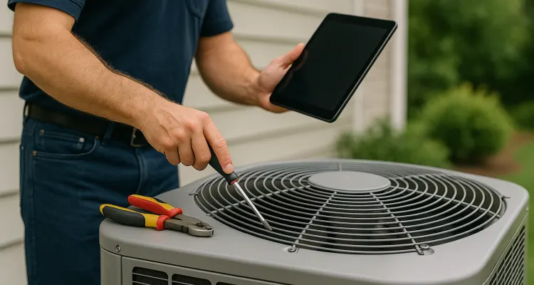 2 hvac technicians replacing a filter of an outside ac unit from Leander Air Conditioning Repair in Cedar Park, TX - cedar-park-tx 2 hvac technicians replacing a filter of an outside ac unit from Leander Air Conditioning Repair in Cedar Park, TX - cedar-park-tx