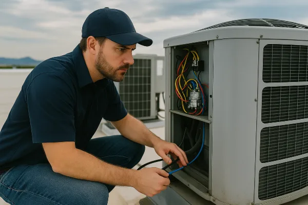 a male hvac technician checking a commercial ac unit on the roof of the building from Leander Air Conditioning Repair in Cedar Park, TX - cedar-park-tx a male hvac technician checking a commercial ac unit on the roof of the building from Leander Air Conditioning Repair in Cedar Park, TX - cedar-park-tx
