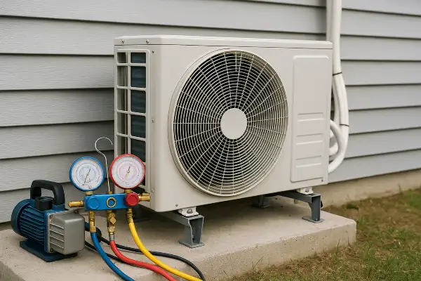 an ac unit outside with an ac manifold gauge next to it from Leander Air Conditioning Repair in Cedar Park, TX - cedar-park-tx an ac unit outside with an ac manifold gauge next to it from Leander Air Conditioning Repair in Cedar Park, TX - cedar-park-tx