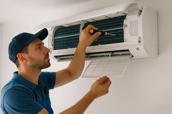 an hvac technician checking a mini split ac from Leander Air Conditioning Repair in Cedar Park, TX - cedar-park-tx an hvac technician checking a mini split ac from Leander Air Conditioning Repair in Cedar Park, TX - cedar-park-tx