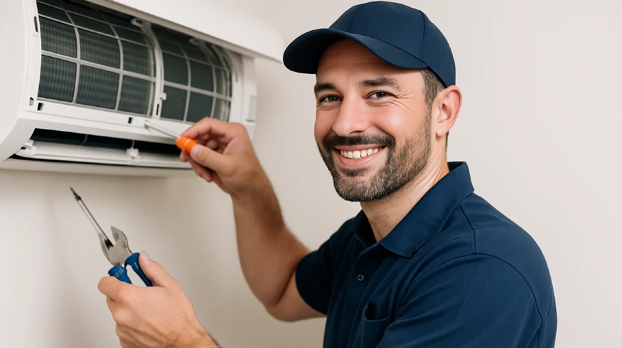 a male hvac techinican using a screwdriver to open a mini split unit and smiling at the camera from Leander Air Conditioning Repair in Leander, TX - Commercial HVAC Company Near Me a male hvac techinican using a screwdriver to open a mini split unit and smiling at the camera from Leander Air Conditioning Repair in Leander, TX - Commercial HVAC Company Near Me
