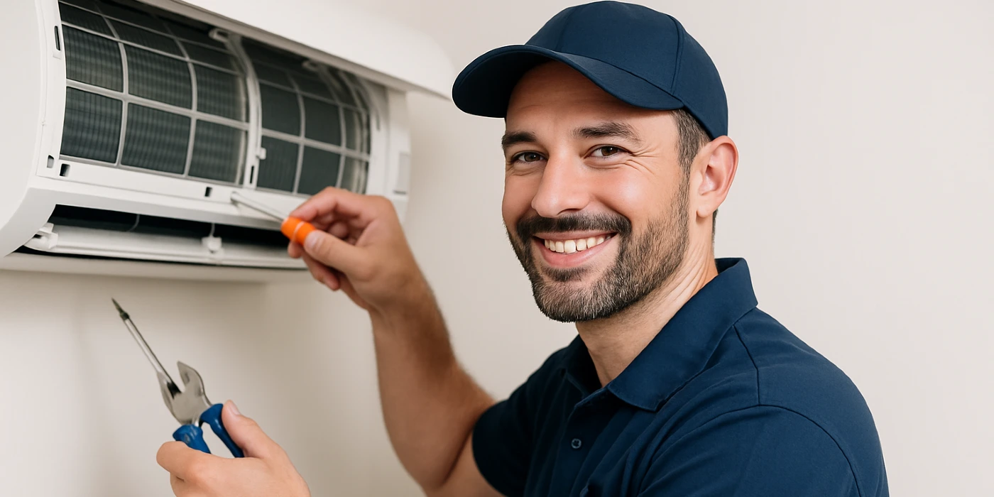 a male hvac techinican using a screwdriver to open a mini split unit and smiling at the camera from Leander Air Conditioning Repair in Leander, TX - Commercial HVAC Company Near Me a male hvac techinican using a screwdriver to open a mini split unit and smiling at the camera from Leander Air Conditioning Repair in Leander, TX - Commercial HVAC Company Near Me