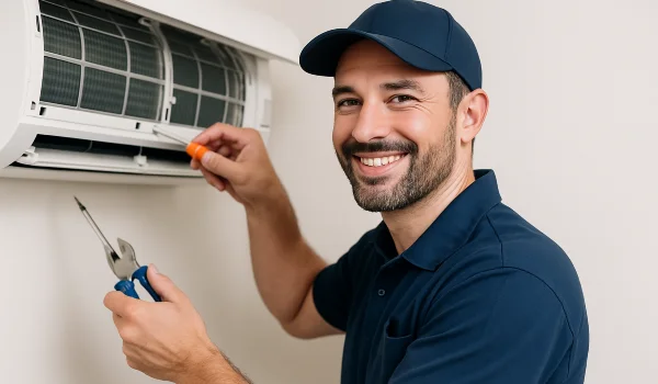 a male hvac techinican using a screwdriver to open a mini split unit and smiling at the camera from Leander Air Conditioning Repair in Leander, TX - Commercial HVAC Company Near Me a male hvac techinican using a screwdriver to open a mini split unit and smiling at the camera from Leander Air Conditioning Repair in Leander, TX - Commercial HVAC Company Near Me