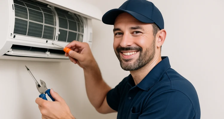 a male hvac techinican using a screwdriver to open a mini split unit and smiling at the camera from Leander Air Conditioning Repair in Leander, TX - Commercial HVAC Company Near Me a male hvac techinican using a screwdriver to open a mini split unit and smiling at the camera from Leander Air Conditioning Repair in Leander, TX - Commercial HVAC Company Near Me