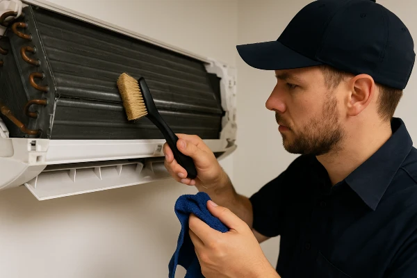 an hvac technician cleaning the coils of an AC unit from Leander Air Conditioning Repair in Leander, TX - Commercial HVAC Company Near Me an hvac technician cleaning the coils of an AC unit from Leander Air Conditioning Repair in Leander, TX - Commercial HVAC Company Near Me