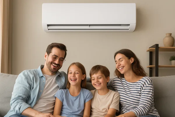 a family on a couch enjoying the cool air coming from a mini split AC unit from Leander Air Conditioning Repair in Leander, TX - Commercial HVAC Company Near Me a family on a couch enjoying the cool air coming from a mini split AC unit from Leander Air Conditioning Repair in Leander, TX - Commercial HVAC Company Near Me