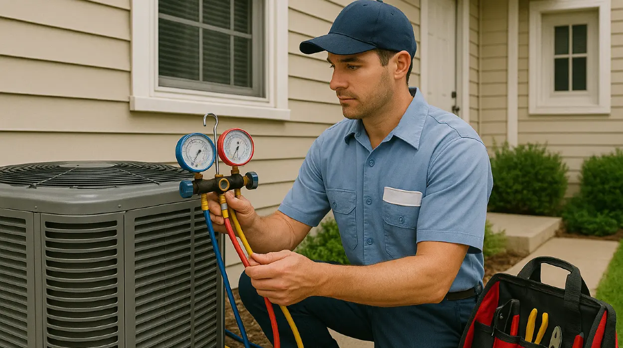 an hvac technician in uniform using the manifold gauge to test an ac unit from Leander Air Conditioning Repair in Round Rock, TX - round-rock-tx an hvac technician in uniform using the manifold gauge to test an ac unit from Leander Air Conditioning Repair in Round Rock, TX - round-rock-tx