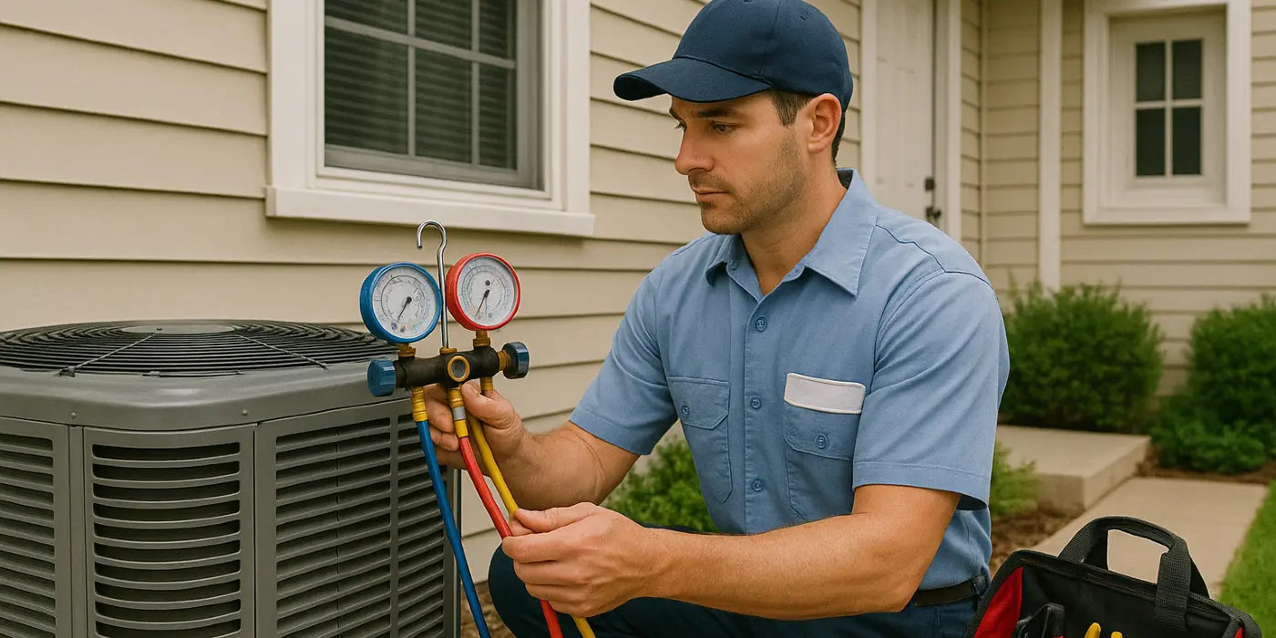 an hvac technician in uniform using the manifold gauge to test an ac unit from Leander Air Conditioning Repair in Round Rock, TX - round-rock-tx an hvac technician in uniform using the manifold gauge to test an ac unit from Leander Air Conditioning Repair in Round Rock, TX - round-rock-tx