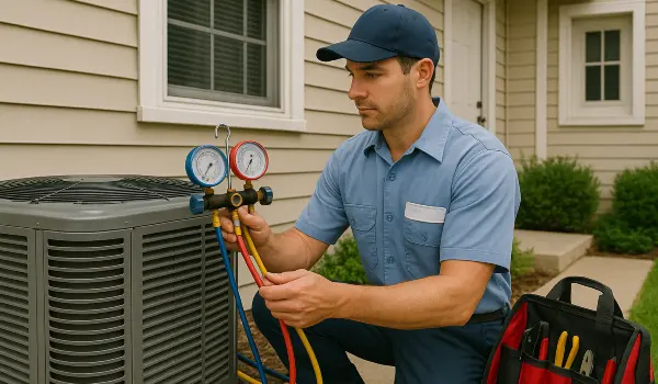 an hvac technician in uniform using the manifold gauge to test an ac unit from Leander Air Conditioning Repair in Round Rock, TX - round-rock-tx an hvac technician in uniform using the manifold gauge to test an ac unit from Leander Air Conditioning Repair in Round Rock, TX - round-rock-tx