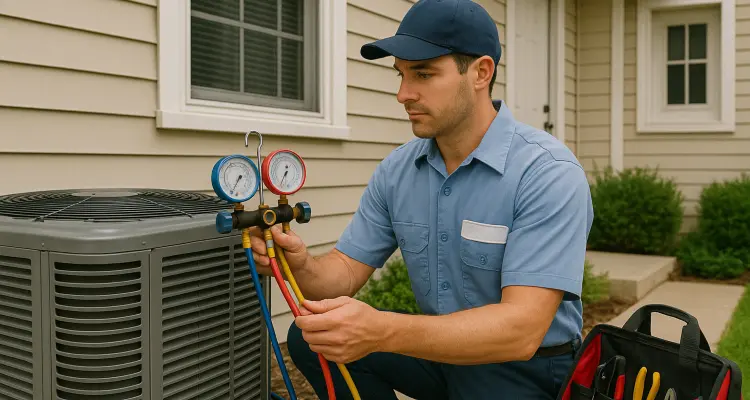an hvac technician in uniform using the manifold gauge to test an ac unit from Leander Air Conditioning Repair in Round Rock, TX - round-rock-tx an hvac technician in uniform using the manifold gauge to test an ac unit from Leander Air Conditioning Repair in Round Rock, TX - round-rock-tx