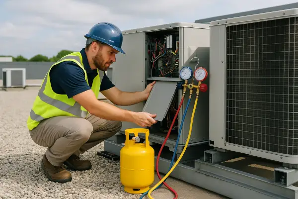 an hvac technician using a small freon tank to refill an ac unit from Leander Air Conditioning Repair in Round Rock, TX - round-rock-tx an hvac technician using a small freon tank to refill an ac unit from Leander Air Conditioning Repair in Round Rock, TX - round-rock-tx