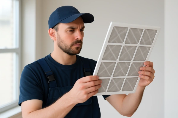 an hvac technician holding and checking an ac filter from Leander Air Conditioning Repair in Round Rock, TX - round-rock-tx an hvac technician holding and checking an ac filter from Leander Air Conditioning Repair in Round Rock, TX - round-rock-tx