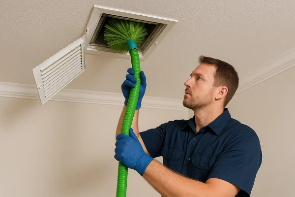 an hvac technician cleaning the ducts with a machine from Leander Air Conditioning Repair in Round Rock, TX - round-rock-tx an hvac technician cleaning the ducts with a machine from Leander Air Conditioning Repair in Round Rock, TX - round-rock-tx