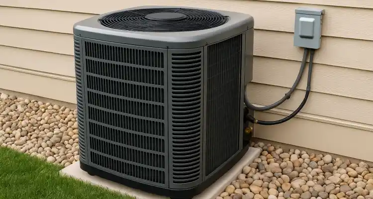 a brand new AC unit outside on a concrete slab from Leander Air Conditioning Repair in Leander, TX - HVAC Contractor Near Me a brand new AC unit outside on a concrete slab from Leander Air Conditioning Repair in Leander, TX - HVAC Contractor Near Me
