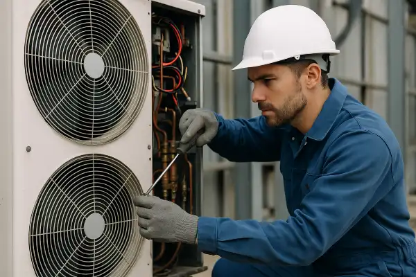 a male hvac technician using a scredriver to open an AC unit from Leander Air Conditioning Repair in Leander, TX - HVAC Contractor Near Me a male hvac technician using a scredriver to open an AC unit from Leander Air Conditioning Repair in Leander, TX - HVAC Contractor Near Me