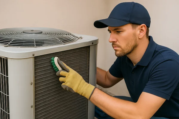 a male hvac technician cleaning the coils of an old AC unit from Leander Air Conditioning Repair in Leander, TX - HVAC Contractor Near Me a male hvac technician cleaning the coils of an old AC unit from Leander Air Conditioning Repair in Leander, TX - HVAC Contractor Near Me