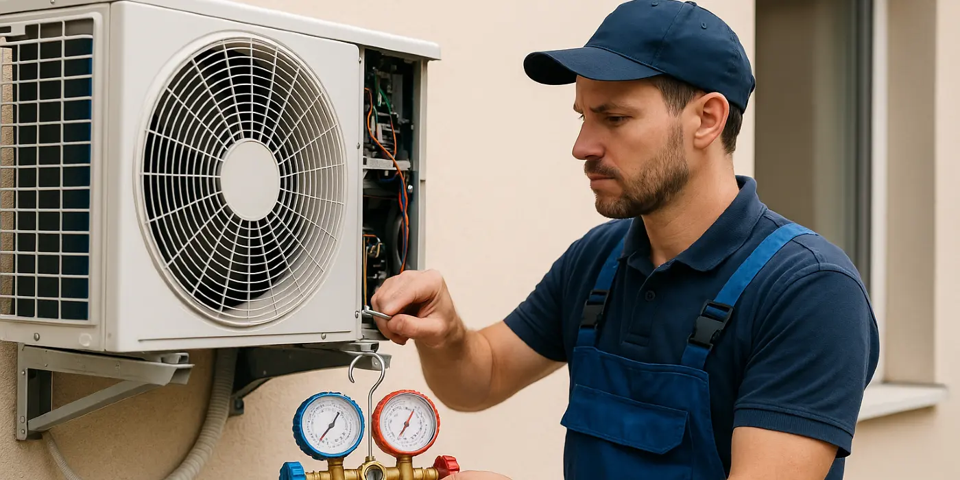 a male hvac technician checking an ac unit from Leander Air Conditioning Repair in Leander, TX - Hvac Technician 