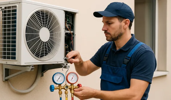 a male hvac technician checking an ac unit from Leander Air Conditioning Repair in Leander, TX - Hvac Technician 