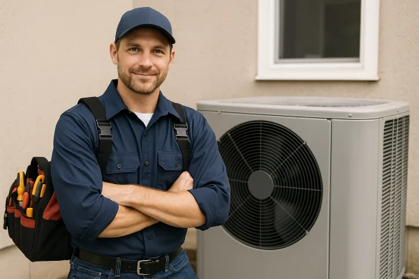 a male hvac technician with a tool bag smiling at the camera from Leander Air Conditioning Repair in Leander, TX - Leander Air Conditioning Company a male hvac technician with a tool bag smiling at the camera from Leander Air Conditioning Repair in Leander, TX - Leander Air Conditioning Company