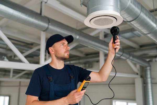a male hvac technician measuring the temperature with a device from Leander Air Conditioning Repair in Leander, TX - Leander Air Conditioning Company a male hvac technician measuring the temperature with a device from Leander Air Conditioning Repair in Leander, TX - Leander Air Conditioning Company
