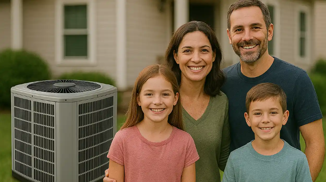 a family outside the house smiling at the camera with a new AC unit next to them from Leander Air Conditioning Repair in Leander, TX - Leander Air Conditioning Service a family outside the house smiling at the camera with a new AC unit next to them from Leander Air Conditioning Repair in Leander, TX - Leander Air Conditioning Service