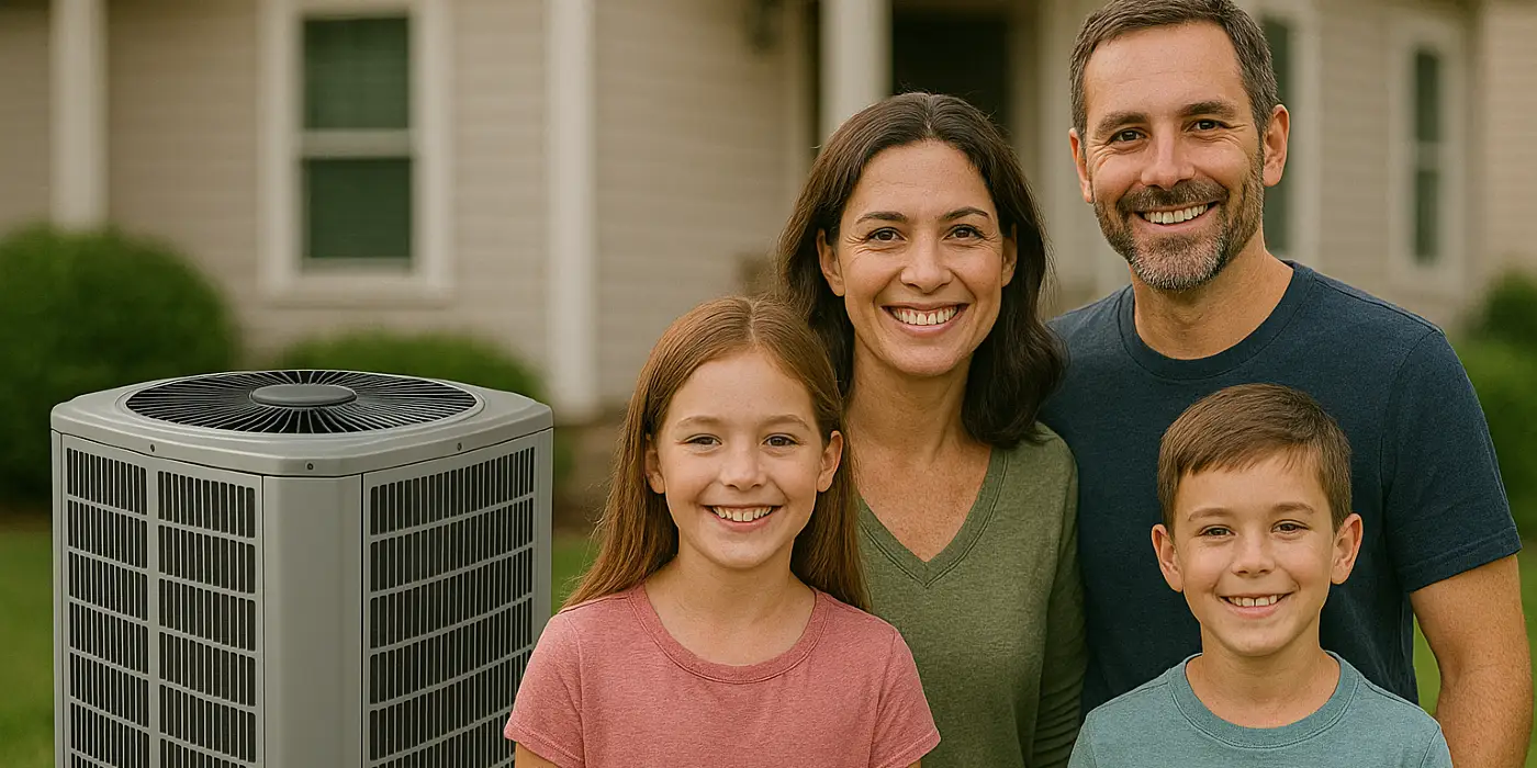 a family outside the house smiling at the camera with a new AC unit next to them from Leander Air Conditioning Repair in Leander, TX - Leander Air Conditioning Service a family outside the house smiling at the camera with a new AC unit next to them from Leander Air Conditioning Repair in Leander, TX - Leander Air Conditioning Service