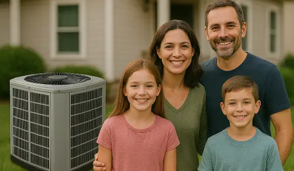 a family outside the house smiling at the camera with a new AC unit next to them from Leander Air Conditioning Repair in Leander, TX - Leander Air Conditioning Service a family outside the house smiling at the camera with a new AC unit next to them from Leander Air Conditioning Repair in Leander, TX - Leander Air Conditioning Service