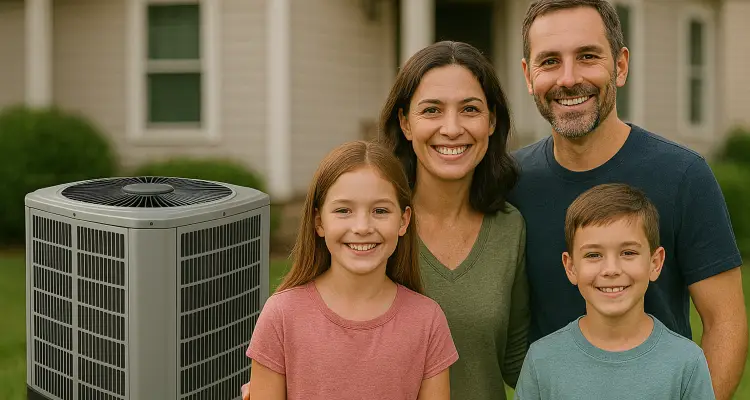 a family outside the house smiling at the camera with a new AC unit next to them from Leander Air Conditioning Repair in Leander, TX - Leander Air Conditioning Service a family outside the house smiling at the camera with a new AC unit next to them from Leander Air Conditioning Repair in Leander, TX - Leander Air Conditioning Service