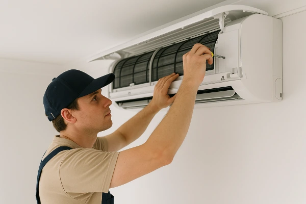 a male hvac technician checking a mini split AC unit from Leander Air Conditioning Repair in Leander, TX - Leander Air Conditioning Service a male hvac technician checking a mini split AC unit from Leander Air Conditioning Repair in Leander, TX - Leander Air Conditioning Service