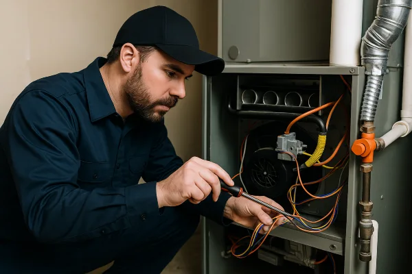 a male hvac technician checking a furnace wiring from Leander Air Conditioning Repair in Leander, TX - Leander Air Conditioning Service a male hvac technician checking a furnace wiring from Leander Air Conditioning Repair in Leander, TX - Leander Air Conditioning Service