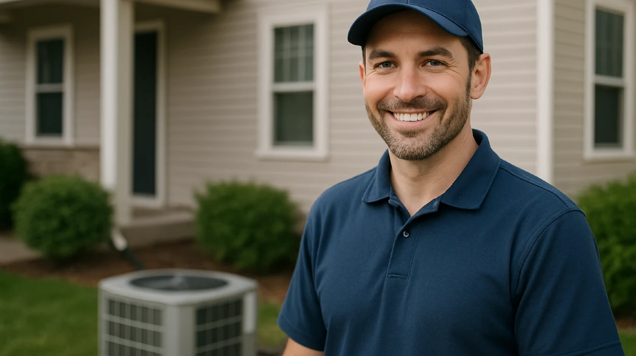 an hvac technician on the front porch smiling at the camera and an AC unit next to him from Leander Air Conditioning Repair in Leander, TX - Mini Split Installation Near Me an hvac technician on the front porch smiling at the camera and an AC unit next to him from Leander Air Conditioning Repair in Leander, TX - Mini Split Installation Near Me